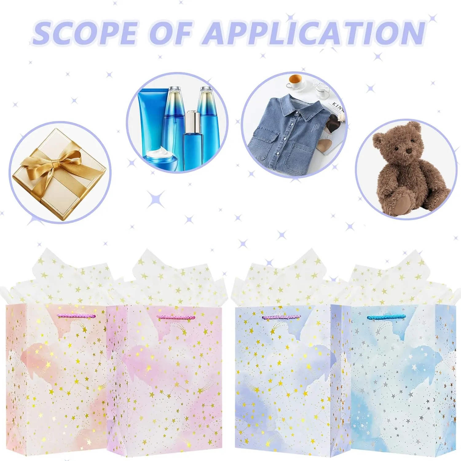 OFIHANLY 4Pcs 12.6" Medium Size Gift Bag with Handles for Women Men Boy Girls Kids Baby Cute Star Gift Wrap Bags with Tissue Paper for Birthday,Party,Wedding,Bridal Shower,Anniversary,Baby Shower