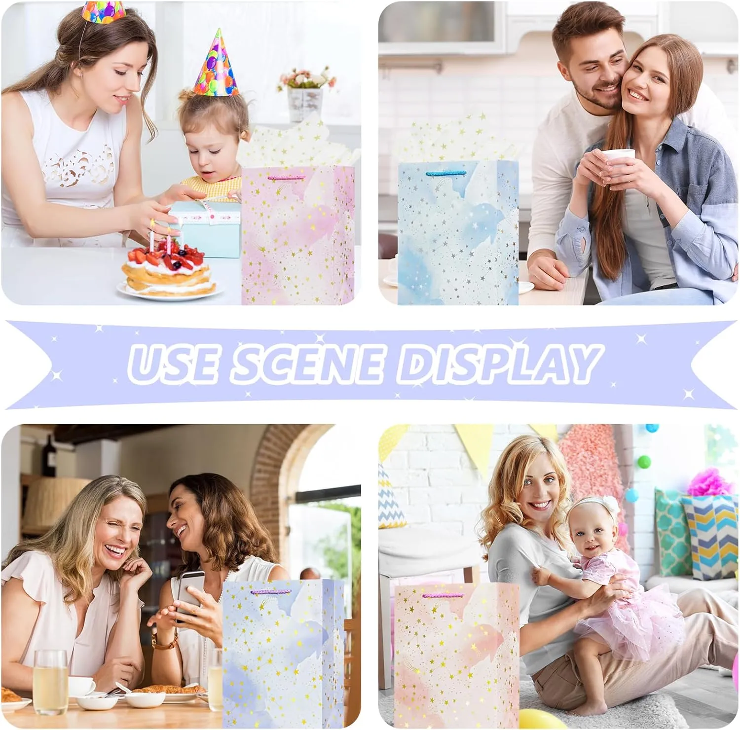 OFIHANLY 4Pcs 12.6" Medium Size Gift Bag with Handles for Women Men Boy Girls Kids Baby Cute Star Gift Wrap Bags with Tissue Paper for Birthday,Party,Wedding,Bridal Shower,Anniversary,Baby Shower