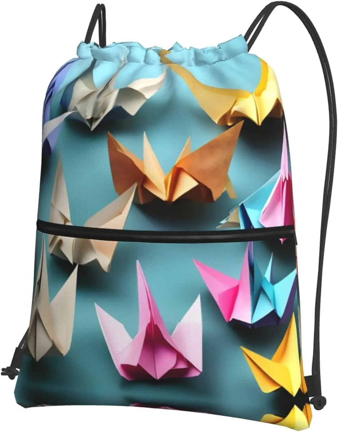 origami paper crane Print Drawstring Zipper Backpack â€“ Gym Drawstring Bag for Sports, Yoga, Dance, Travel, and More