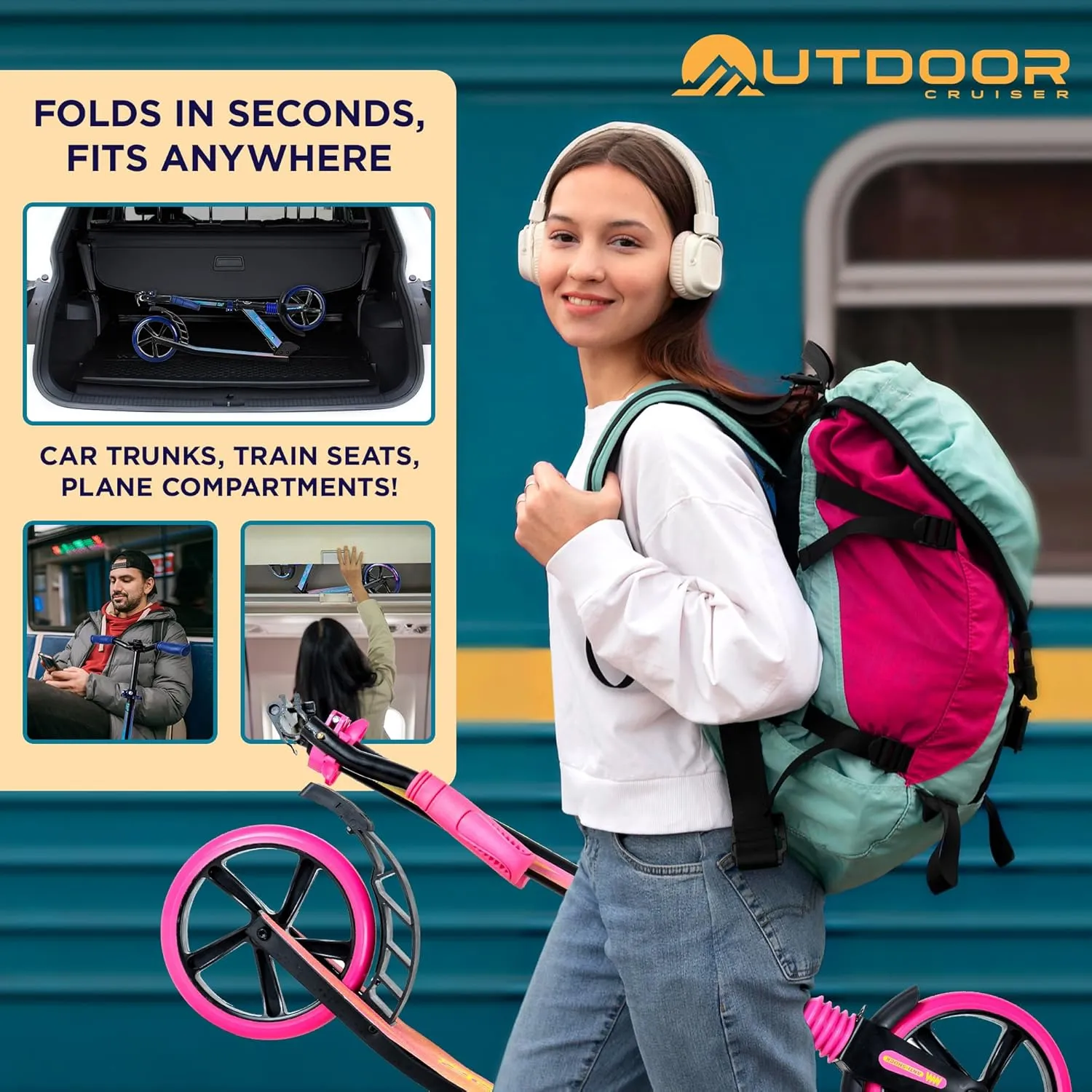 Outdoor Cruiser Kick Scooter for Ages 6 , for Kids, Teens, and Adults, Max Load 250 LBS, Foldable, 8-inch Big Wheels, Dual Suspension, 3 Adjustable Levels, Child Safety Approved, Yellow and Pink