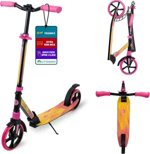 Outdoor Cruiser Kick Scooter for Ages 6 , for Kids, Teens, and Adults, Max Load 250 LBS, Foldable, 8-inch Big Wheels, Dual Suspension, 3 Adjustable Levels, Child Safety Approved, Yellow and Pink