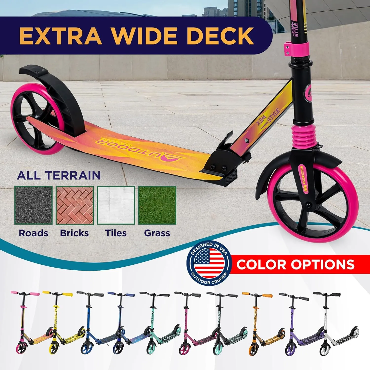 Outdoor Cruiser Kick Scooter for Ages 6 , for Kids, Teens, and Adults, Max Load 250 LBS, Foldable, 8-inch Big Wheels, Dual Suspension, 3 Adjustable Levels, Child Safety Approved, Yellow and Pink
