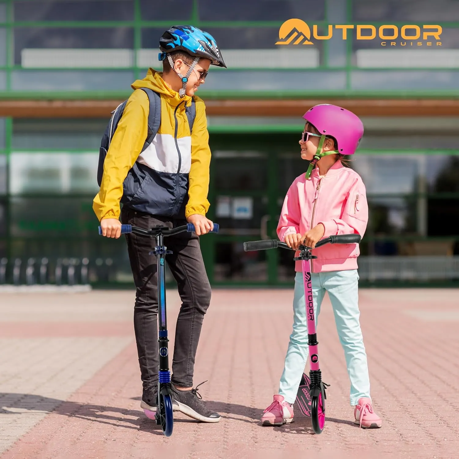 Outdoor Cruiser Kick Scooter for Ages 6 , for Kids, Teens, and Adults, Max Load 250 LBS, Foldable, 8-inch Big Wheels, Dual Suspension, 3 Adjustable Levels, Child Safety Approved, Yellow and Pink