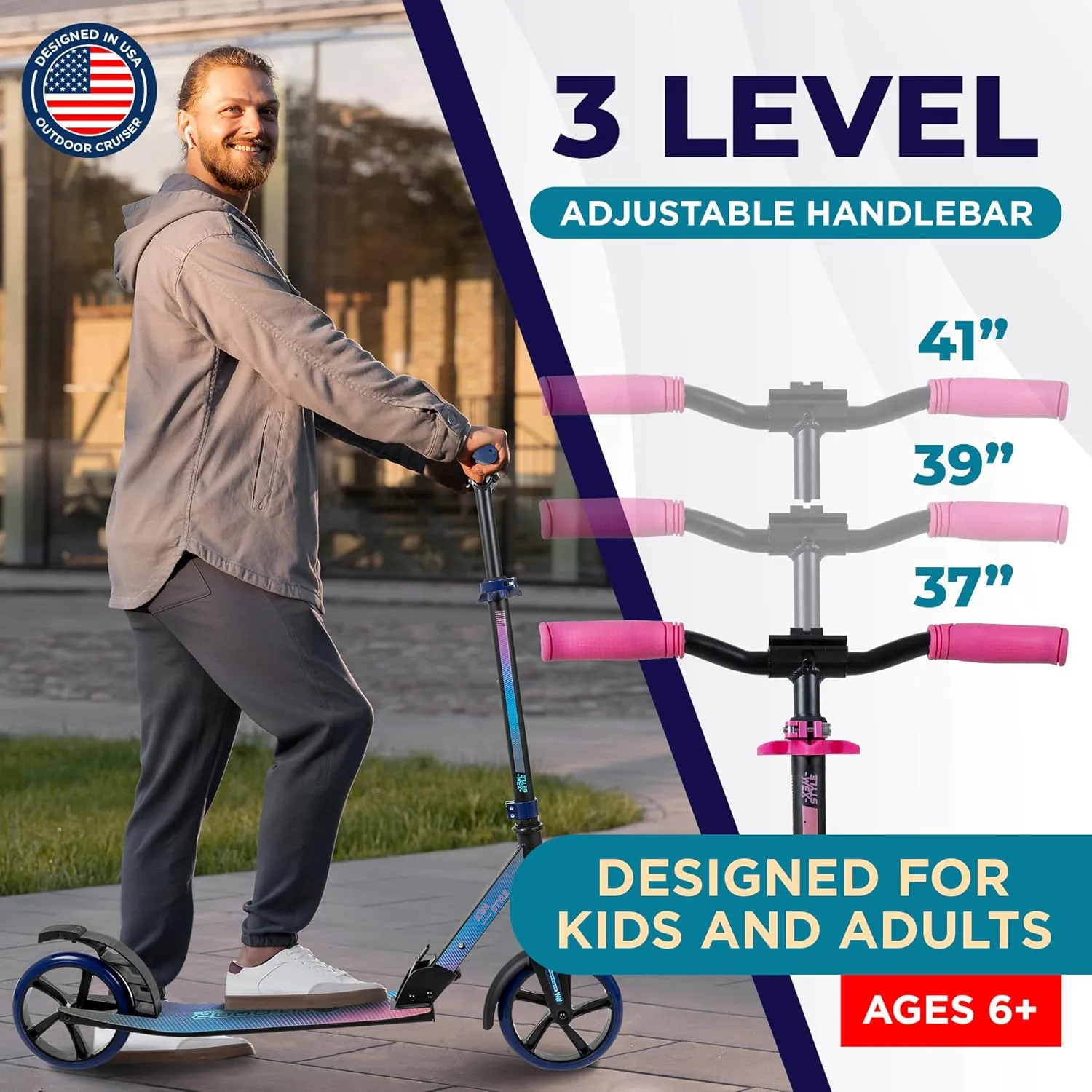 Outdoor Cruiser Kick Scooter for Ages 6 , for Kids, Teens, and Adults, Max Load 250 LBS, Foldable, 8-inch Big Wheels, Dual Suspension, 3 Adjustable Levels, Child Safety Approved, Yellow and Pink