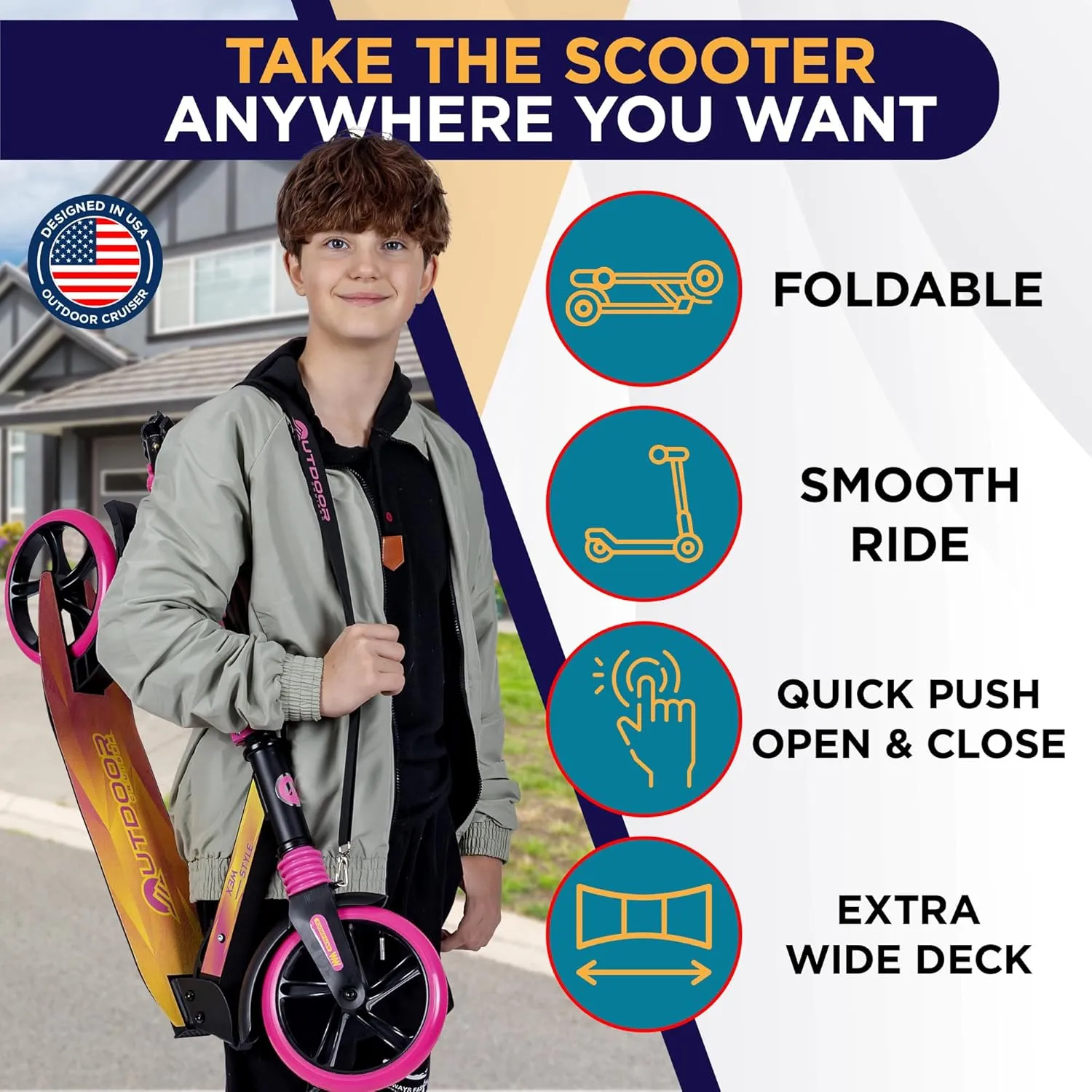 Outdoor Cruiser Kick Scooter for Ages 6 , for Kids, Teens, and Adults, Max Load 250 LBS, Foldable, 8-inch Big Wheels, Dual Suspension, 3 Adjustable Levels, Child Safety Approved, Yellow and Pink