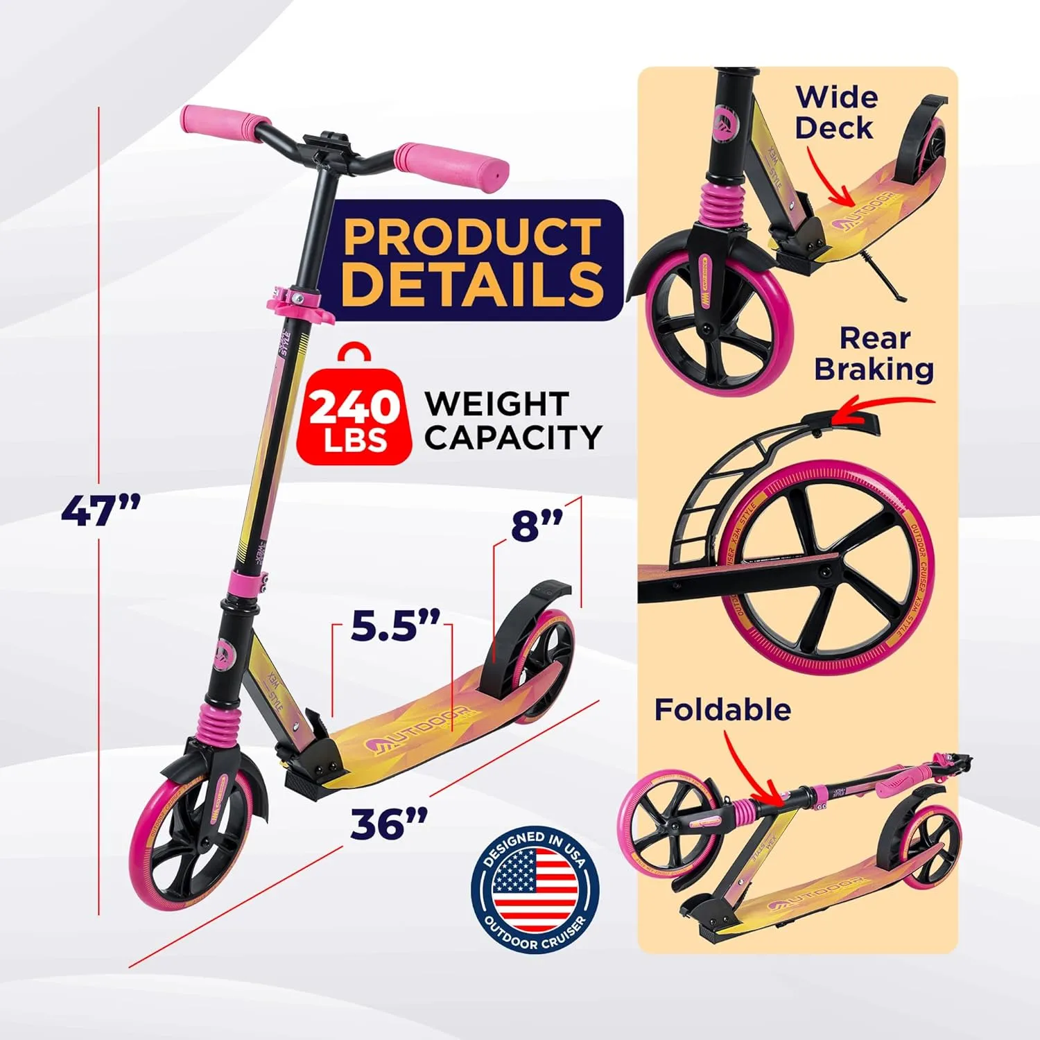 Outdoor Cruiser Kick Scooter for Ages 6 , for Kids, Teens, and Adults, Max Load 250 LBS, Foldable, 8-inch Big Wheels, Dual Suspension, 3 Adjustable Levels, Child Safety Approved, Yellow and Pink