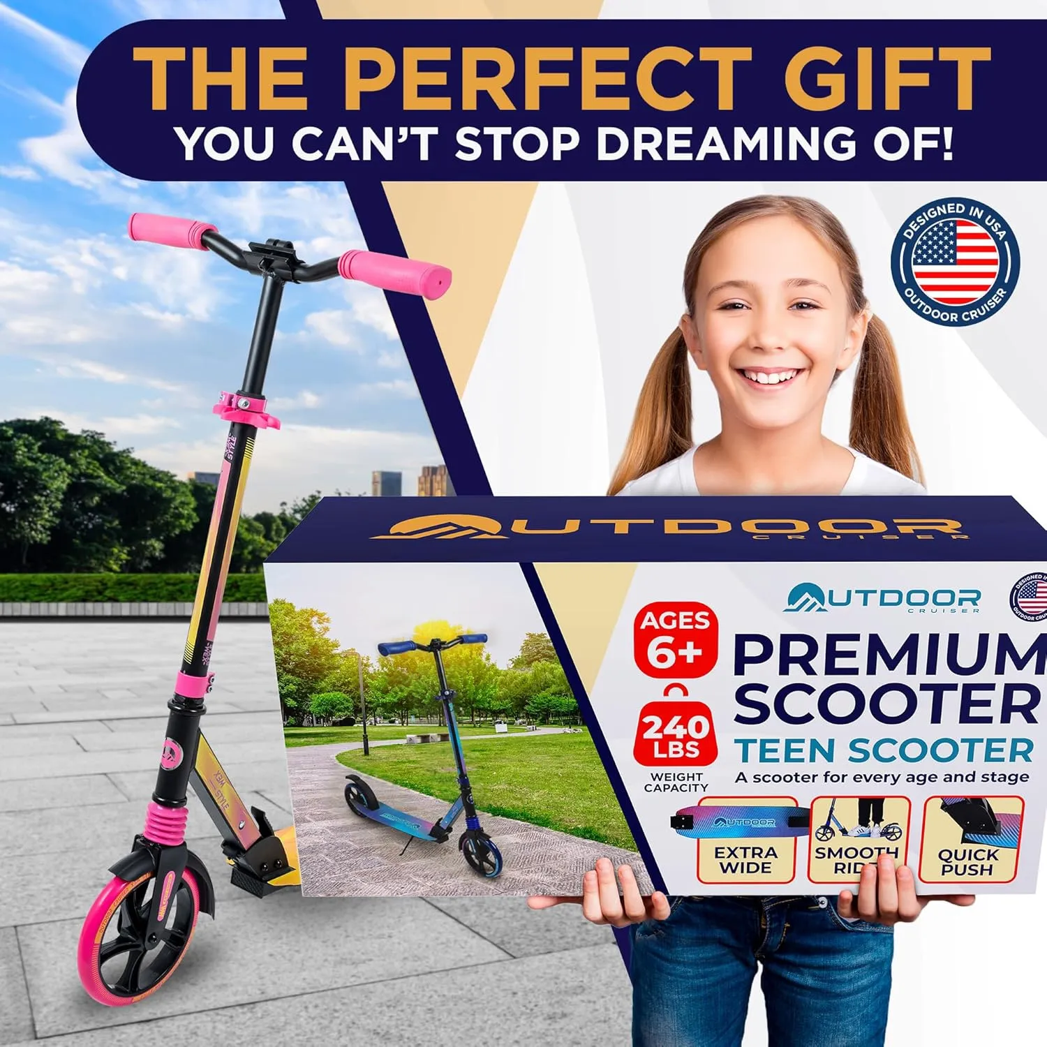 Outdoor Cruiser Kick Scooter for Ages 6 , for Kids, Teens, and Adults, Max Load 250 LBS, Foldable, 8-inch Big Wheels, Dual Suspension, 3 Adjustable Levels, Child Safety Approved, Yellow and Pink
