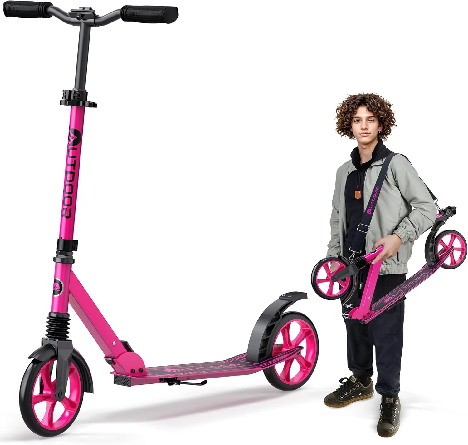 Outdoor Cruiser Kick Scooter for Ages 6 , for Kids, Teens, and Adults, Max Load 250 LBS, Foldable, 8-inch Wheels for Kids and Adults, Dual Suspension, 3 Adjustable Levels, Child Safety Approved, Pink