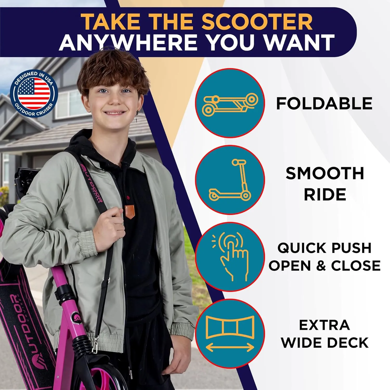 Outdoor Cruiser Kick Scooter for Ages 6 , for Kids, Teens, and Adults, Max Load 250 LBS, Foldable, 8-inch Wheels for Kids and Adults, Dual Suspension, 3 Adjustable Levels, Child Safety Approved, Pink