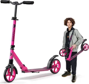 Outdoor Cruiser Kick Scooter for Ages 6 , for Kids, Teens, and Adults, Max Load 250 LBS, Foldable, 8-inch Wheels for Kids and Adults, Dual Suspension, 3 Adjustable Levels, Child Safety Approved, Pink