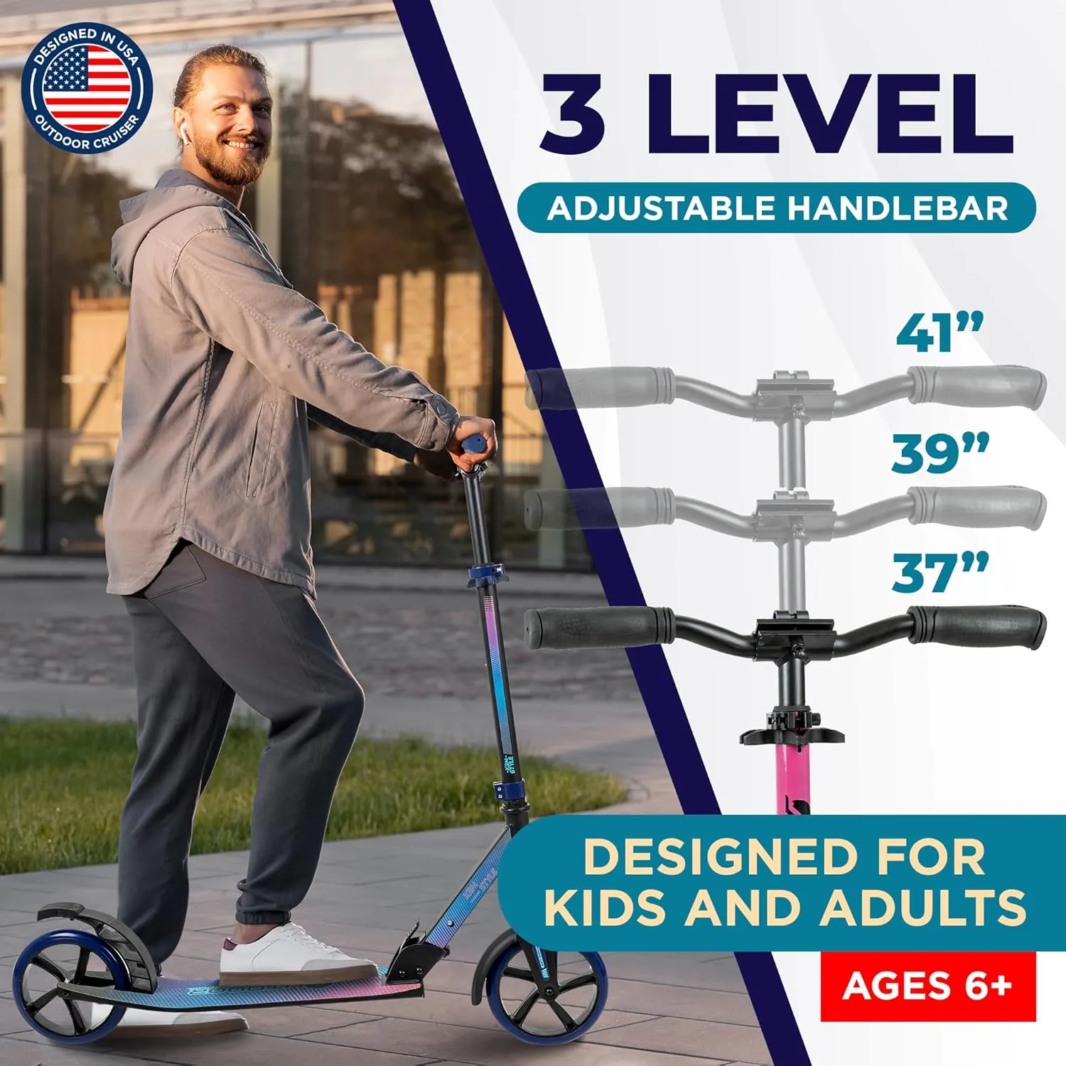 Outdoor Cruiser Kick Scooter for Ages 6 , for Kids, Teens, and Adults, Max Load 250 LBS, Foldable, 8-inch Wheels for Kids and Adults, Dual Suspension, 3 Adjustable Levels, Child Safety Approved, Pink