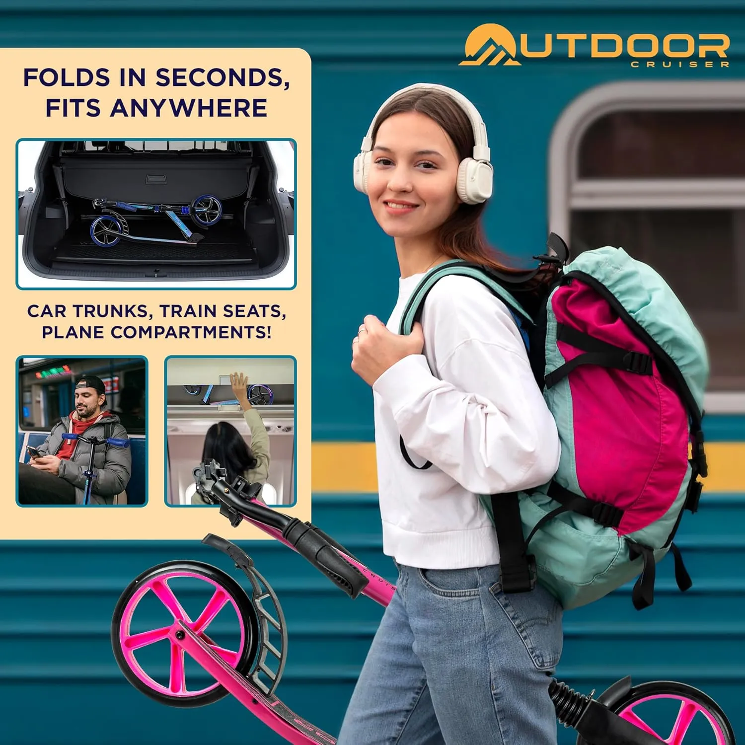 Outdoor Cruiser Kick Scooter for Ages 6 , for Kids, Teens, and Adults, Max Load 250 LBS, Foldable, 8-inch Wheels for Kids and Adults, Dual Suspension, 3 Adjustable Levels, Child Safety Approved, Pink