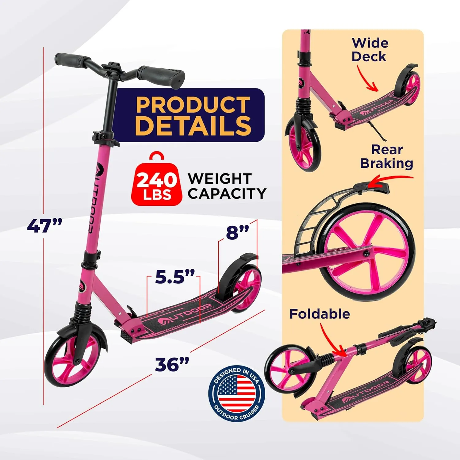 Outdoor Cruiser Kick Scooter for Ages 6 , for Kids, Teens, and Adults, Max Load 250 LBS, Foldable, 8-inch Wheels for Kids and Adults, Dual Suspension, 3 Adjustable Levels, Child Safety Approved, Pink