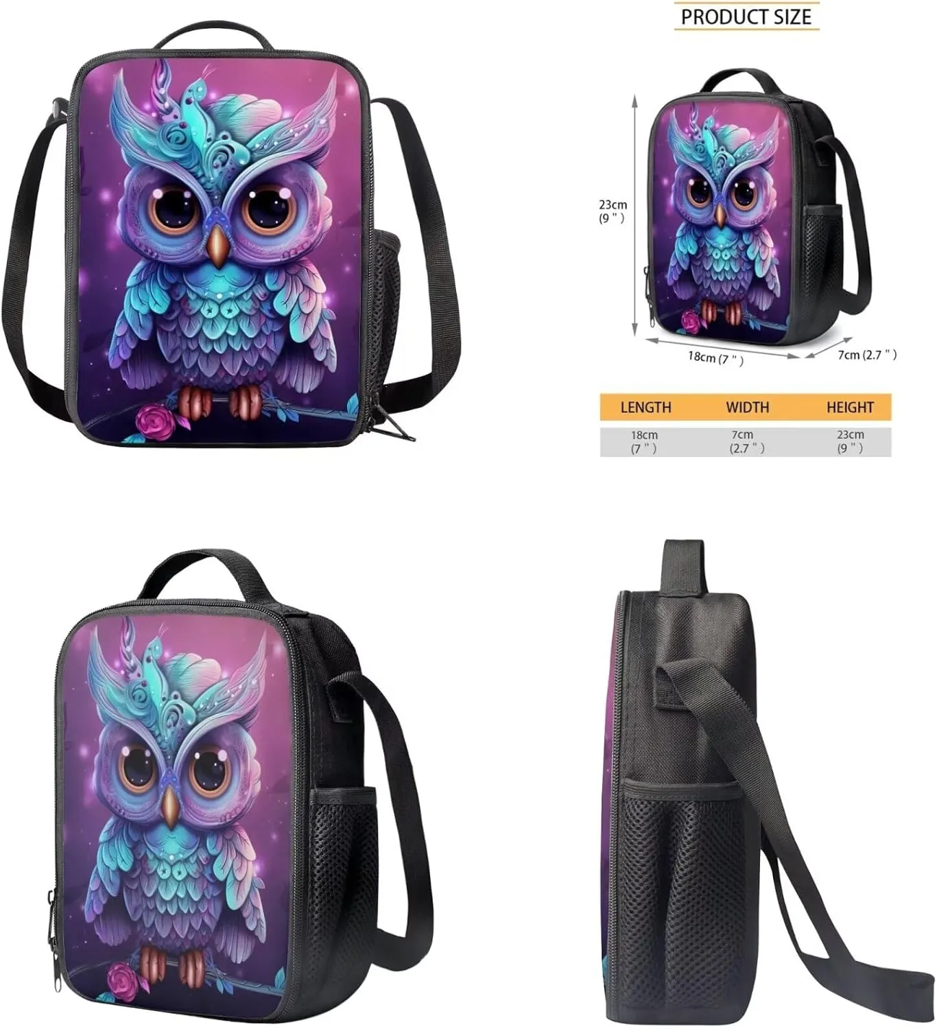 Owl Print Backpack and Lunch Box Set Boys Age 6-15 Years Old Lightweight Messenger Bag for School Retain Freshness Food Bag for Junior Middle School Middle School