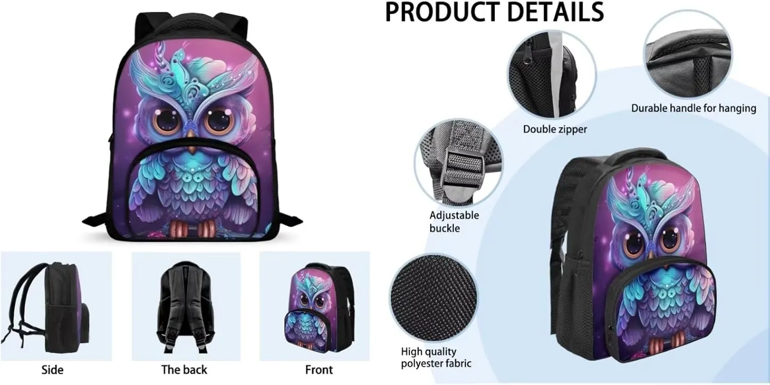 Owl Print Backpack and Lunch Box Set Boys Age 6-15 Years Old Lightweight Messenger Bag for School Retain Freshness Food Bag for Junior Middle School Middle School