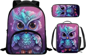 Owl Print Backpack and Lunch Box Set Boys Age 6-15 Years Old Lightweight Messenger Bag for School Retain Freshness Food Bag for Junior Middle School Middle School