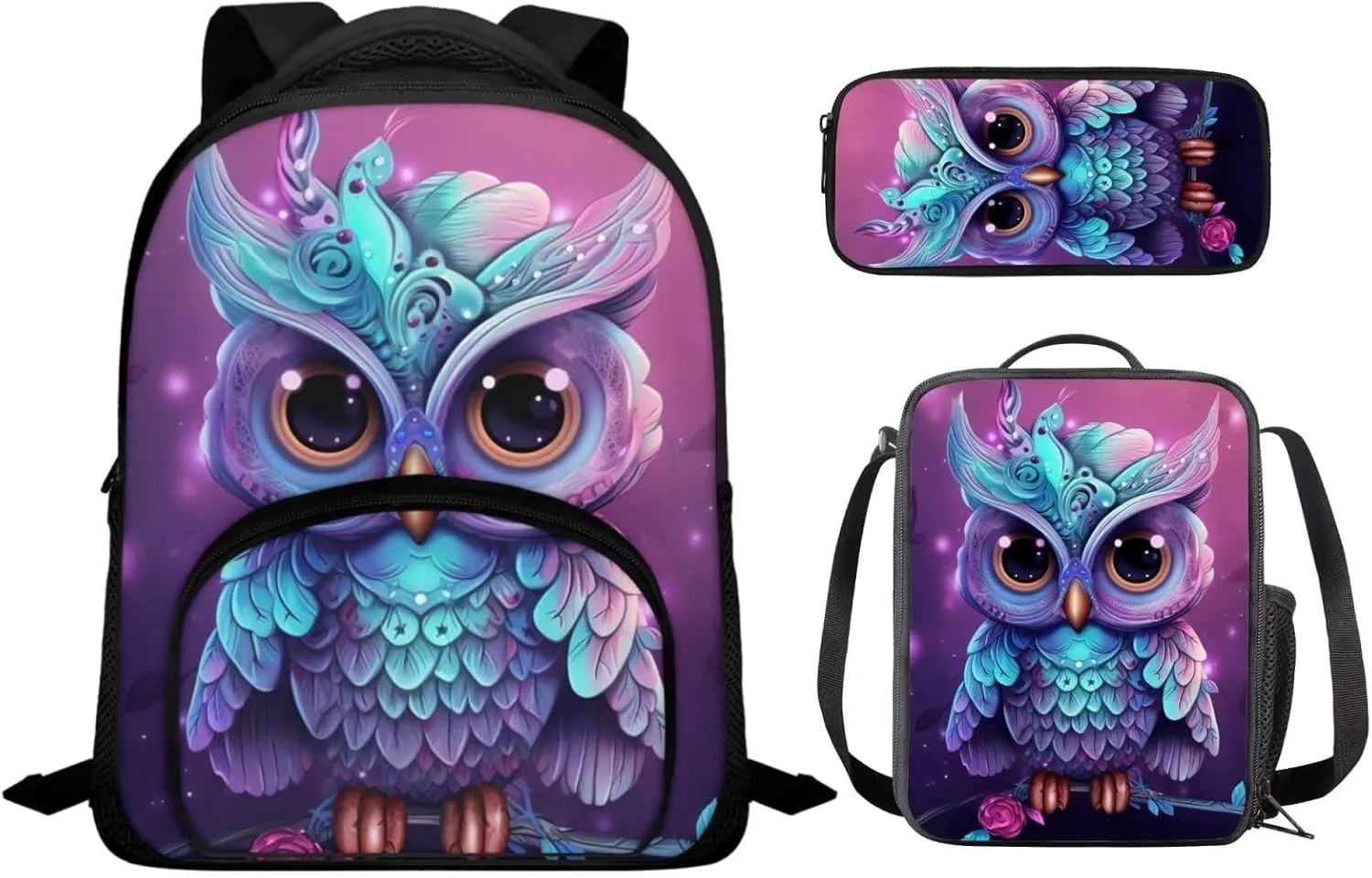 Owl Print Backpack and Lunch Box Set Boys Age 6-15 Years Old Lightweight Messenger Bag for School Retain Freshness Food Bag for Junior Middle School Middle School