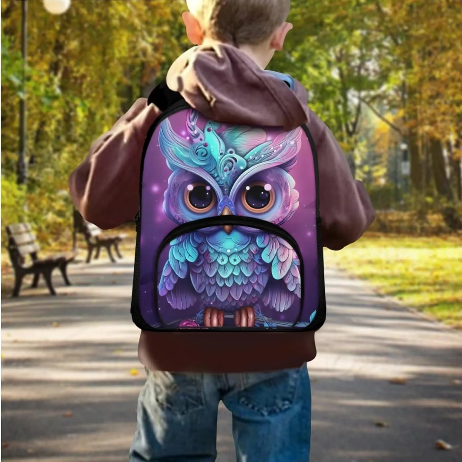 Owl Print Backpack and Lunch Box Set Boys Age 6-15 Years Old Lightweight Messenger Bag for School Retain Freshness Food Bag for Junior Middle School Middle School