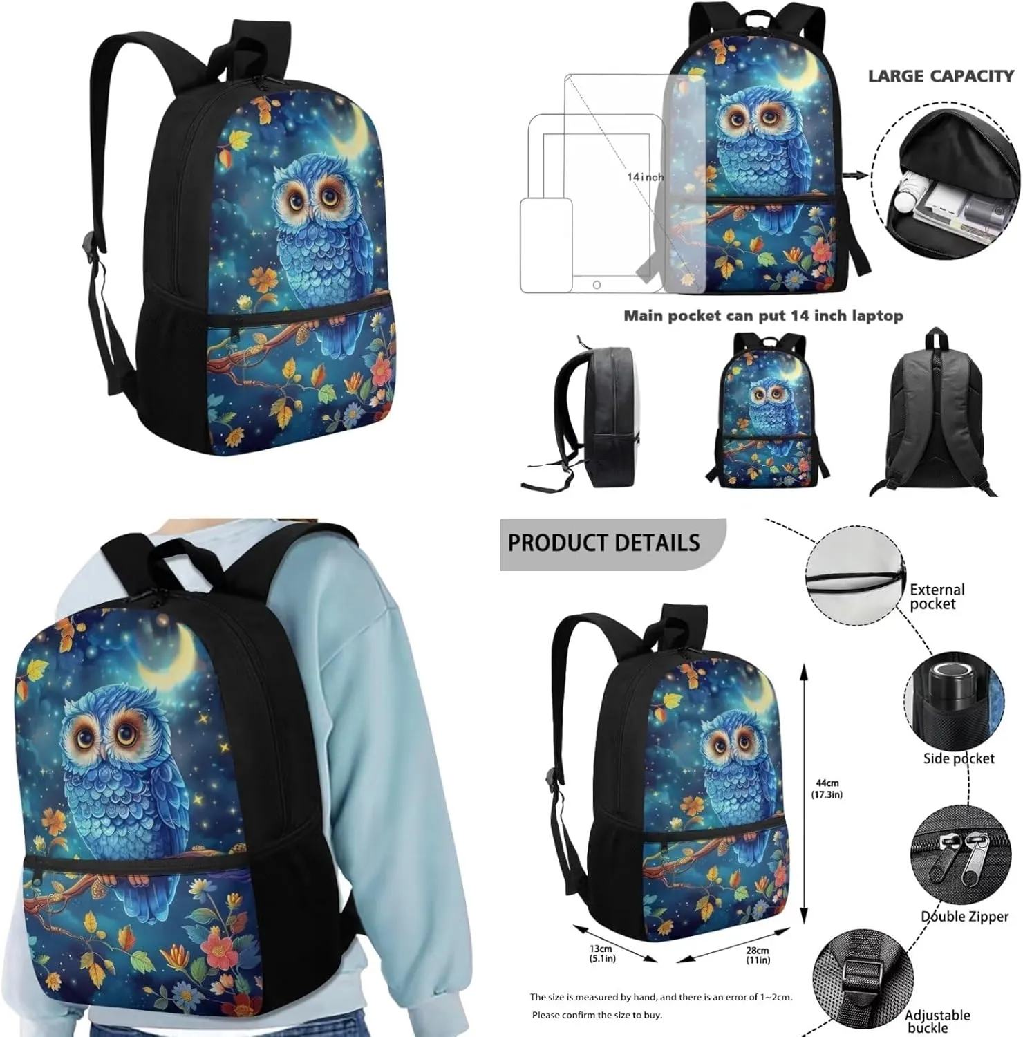 Owl Print Backpacks for School Girls with Lunch Box Grades 4 to 8 Reusable Lunch Bags for Kids and Pencil Pouches Fit Middle School Secondary Schools