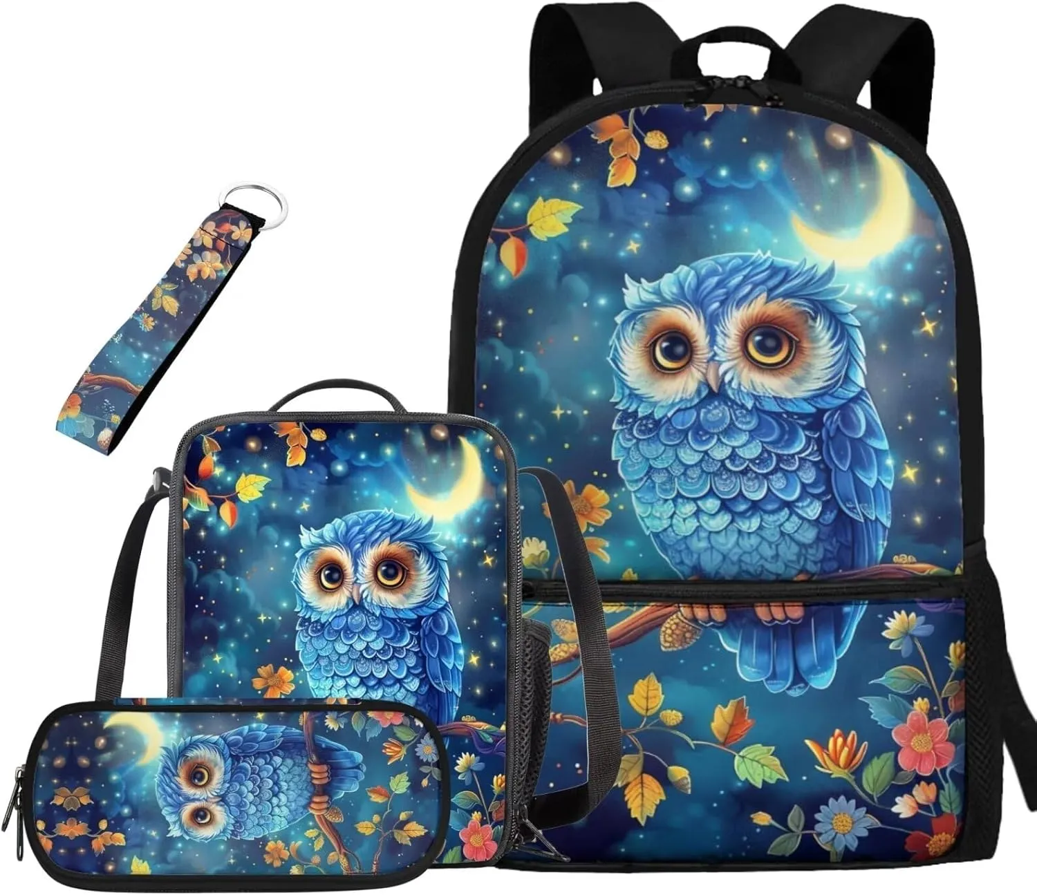 Owl Print Backpacks for School Girls with Lunch Box Grades 4 to 8 Reusable Lunch Bags for Kids and Pencil Pouches Fit Middle School Secondary Schools