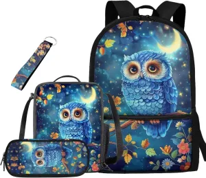 Owl Print Backpacks for School Girls with Lunch Box Grades 4 to 8 Reusable Lunch Bags for Kids and Pencil Pouches Fit Middle School Secondary Schools