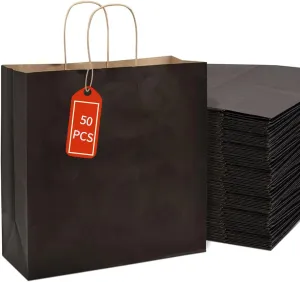 PAICUIKE 50Pcs Black Kraft Bags with Handles, 11x6x11 Inch Square Gift Bags for Retail, Shopping, Party Favors, Father’s Day, Events & Small Business | Sturdy & Versatile