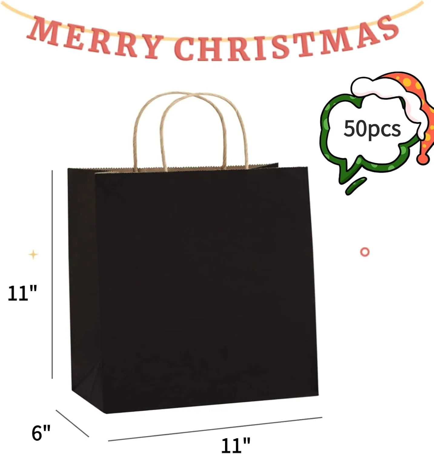 PAICUIKE 50Pcs Black Kraft Bags with Handles, 11x6x11 Inch Square Gift Bags for Retail, Shopping, Party Favors, Father’s Day, Events & Small Business | Sturdy & Versatile