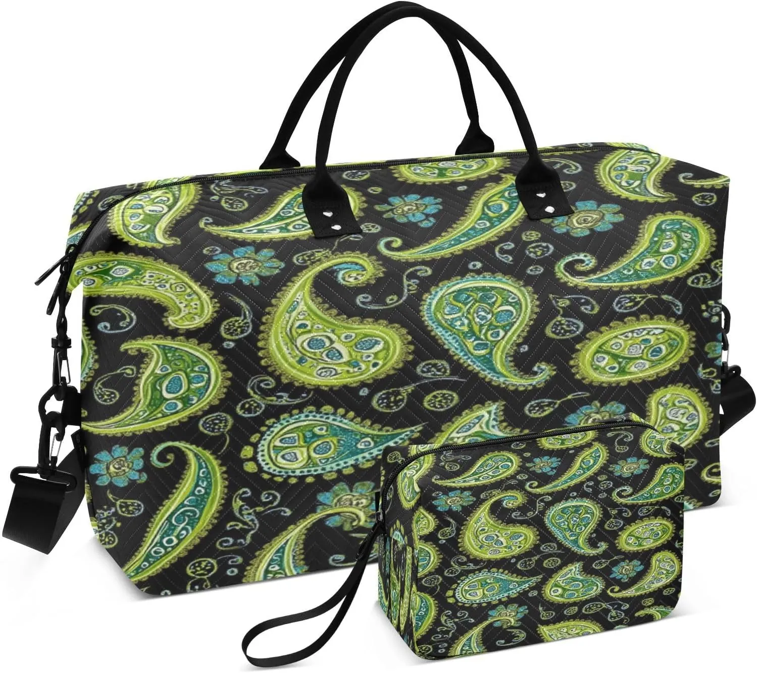 Paisley Flower Motif Green Sports Gym Bag for Women Men Travel Duffel Bag Weekend Overnight Carry on Bag with Toiletry Bag for Swimming Yoga Hospital Plane