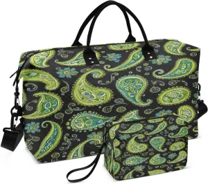 Paisley Flower Motif Green Sports Gym Bag for Women Men Travel Duffel Bag Weekend Overnight Carry on Bag with Toiletry Bag for Swimming Yoga Hospital Plane