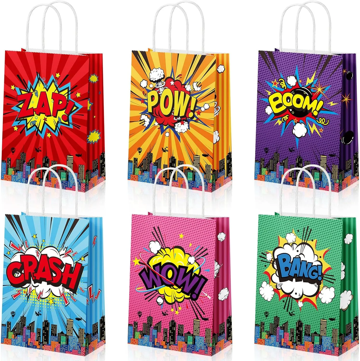 Pajean 18 Pcs Hero Party Favors Bags Comic Hero Kraft Paper Goodie Candy Treat Gift Bags with Handle Boom Theme Birthday Decorations Supplies