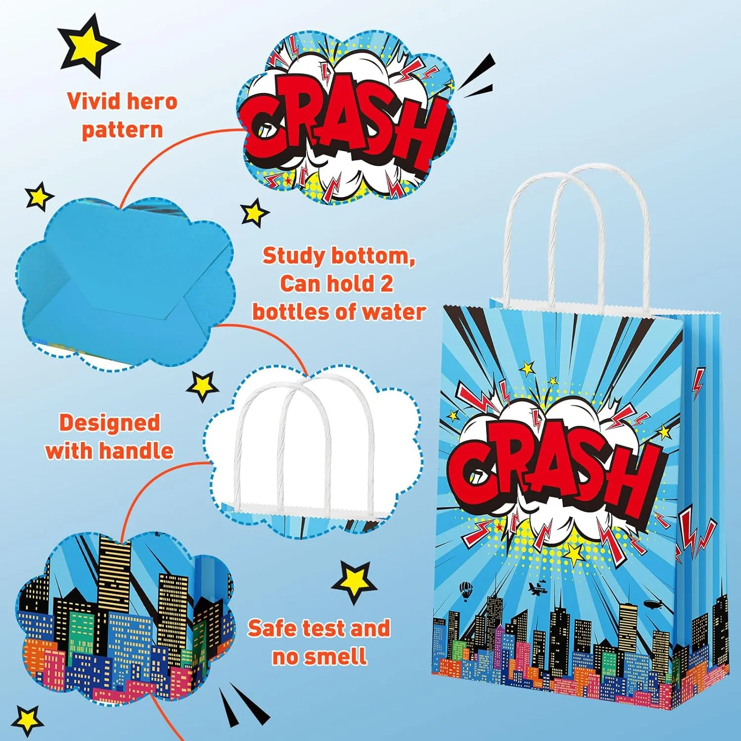 Pajean 18 Pcs Hero Party Favors Bags Comic Hero Kraft Paper Goodie Candy Treat Gift Bags with Handle Boom Theme Birthday Decorations Supplies