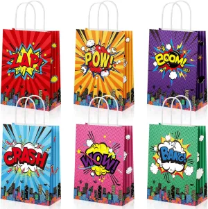 Pajean 18 Pcs Hero Party Favors Bags Comic Hero Kraft Paper Goodie Candy Treat Gift Bags with Handle Boom Theme Birthday Decorations Supplies