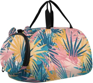 Palm Tropical Leaf Small Gym Bag with Shoes Compartment Large Capacity Carry On Overnight Bag for Boys and Girls