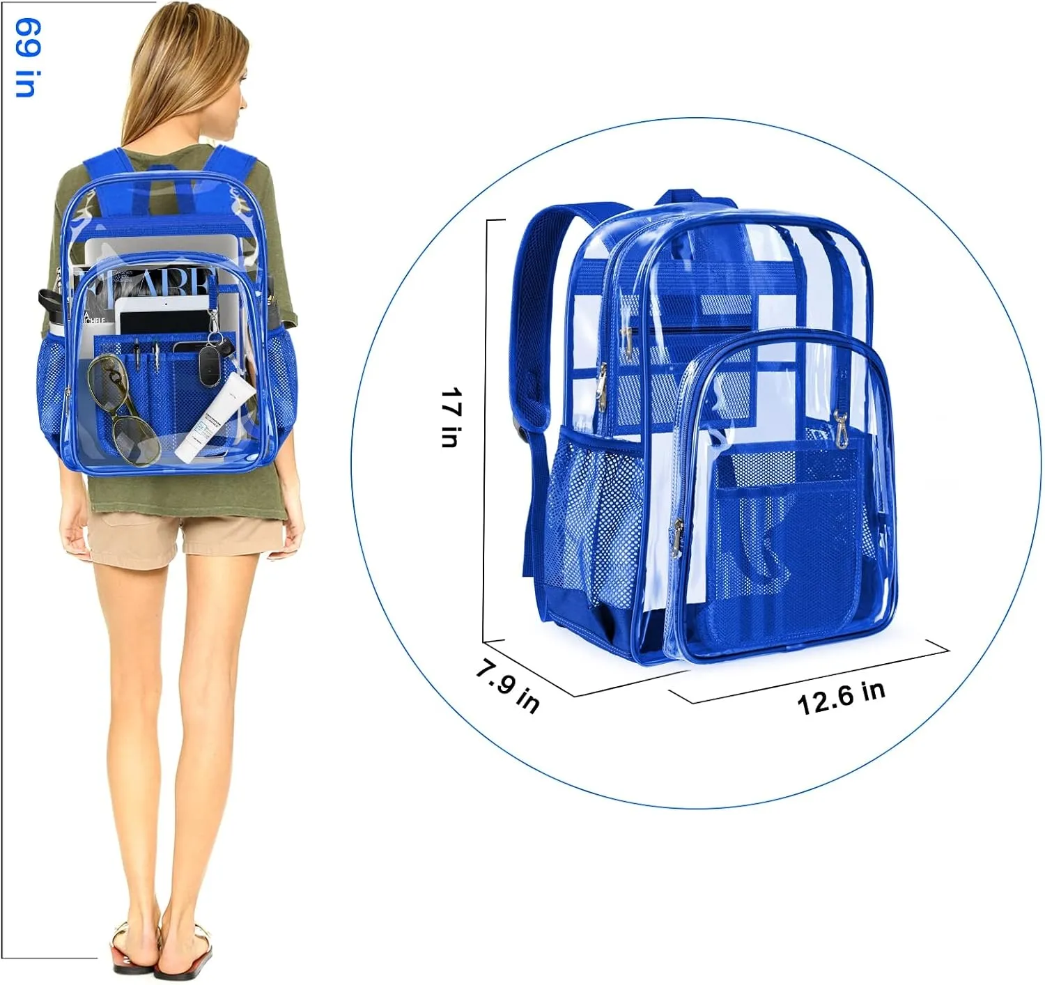 PAMANO Clear Backpack Transparent Heavy Duty See Through Bag for College Work Stadium Concert Travel Security, Blue