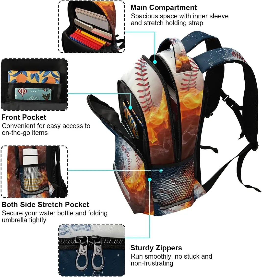 panksolu Baseball Water Fire Backpacks Lightweight Laptop Backpack School Book Bag Travel Hiking Daypack for Women Men Kids…