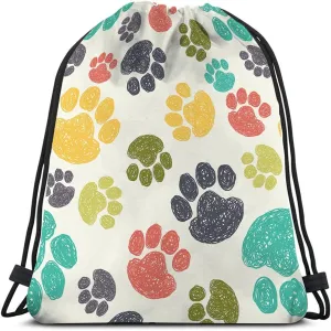 Paw Pattern Drawstring Bags Backpack Bag Cute Colorful Hand Drawn Doodle Prints Pet Puppy Footprint Drawing Sport Gym Sack Drawstring Bag String Bag Yoga Bag for Men Women