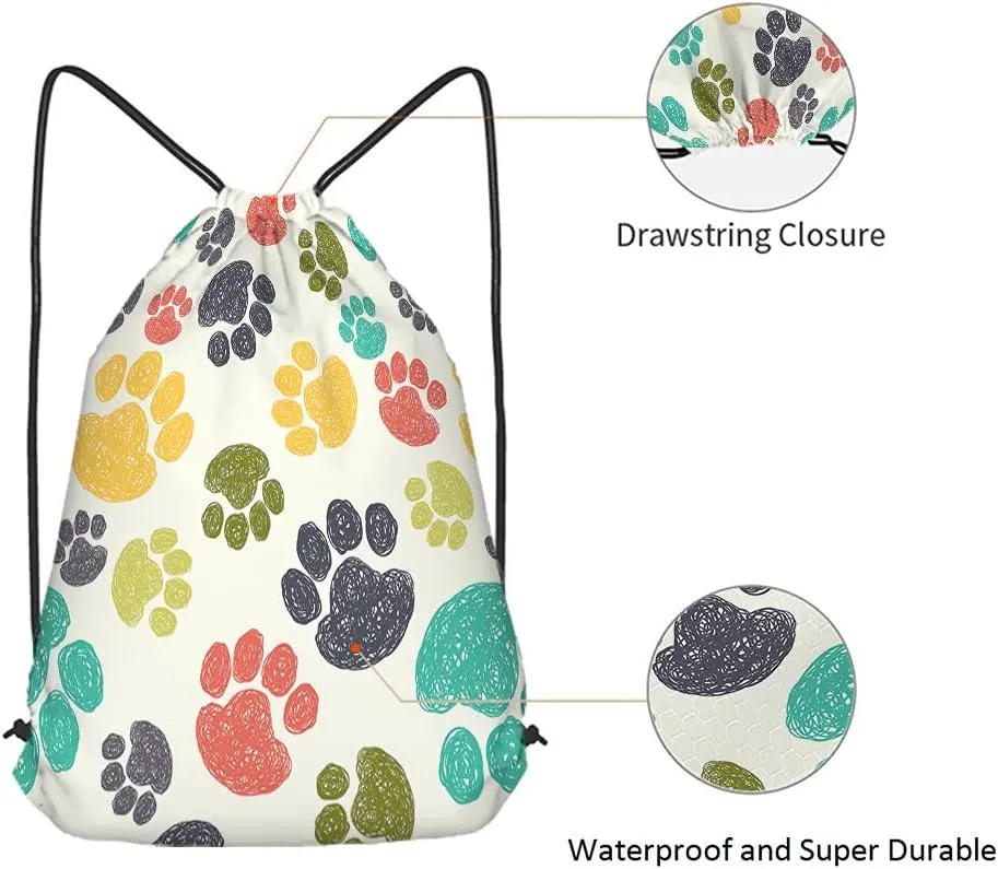 Paw Pattern Drawstring Bags Backpack Bag Cute Colorful Hand Drawn Doodle Prints Pet Puppy Footprint Drawing Sport Gym Sack Drawstring Bag String Bag Yoga Bag for Men Women
