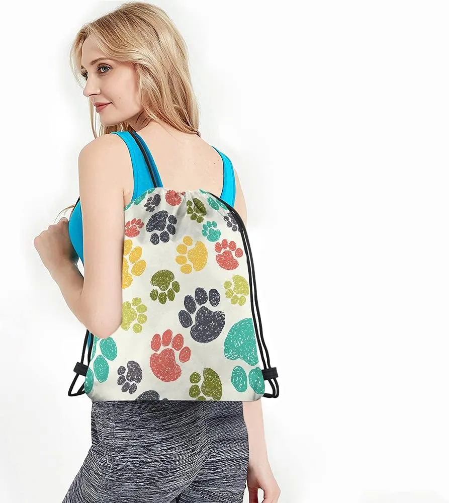 Paw Pattern Drawstring Bags Backpack Bag Cute Colorful Hand Drawn Doodle Prints Pet Puppy Footprint Drawing Sport Gym Sack Drawstring Bag String Bag Yoga Bag for Men Women