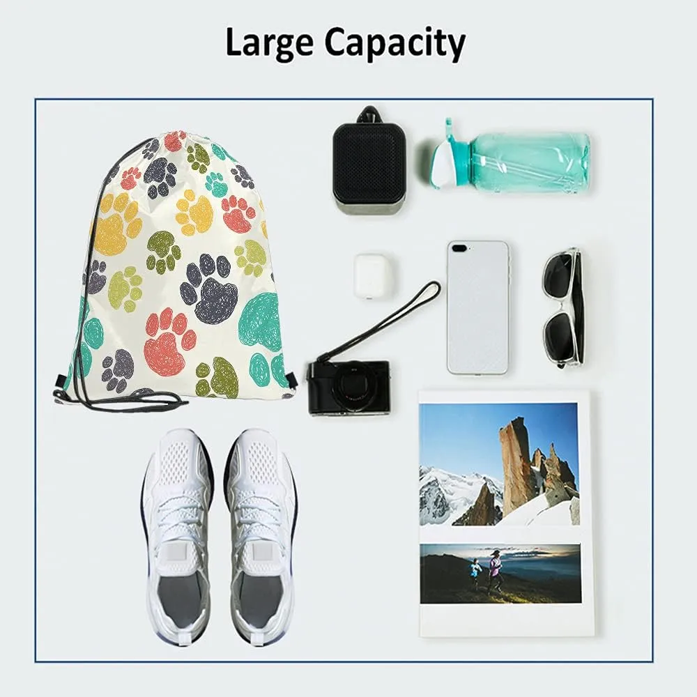 Paw Pattern Drawstring Bags Backpack Bag Cute Colorful Hand Drawn Doodle Prints Pet Puppy Footprint Drawing Sport Gym Sack Drawstring Bag String Bag Yoga Bag for Men Women