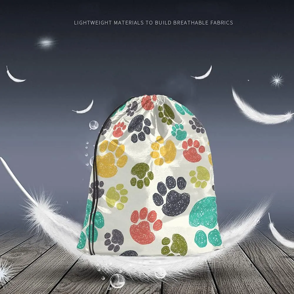 Paw Pattern Drawstring Bags Backpack Bag Cute Colorful Hand Drawn Doodle Prints Pet Puppy Footprint Drawing Sport Gym Sack Drawstring Bag String Bag Yoga Bag for Men Women