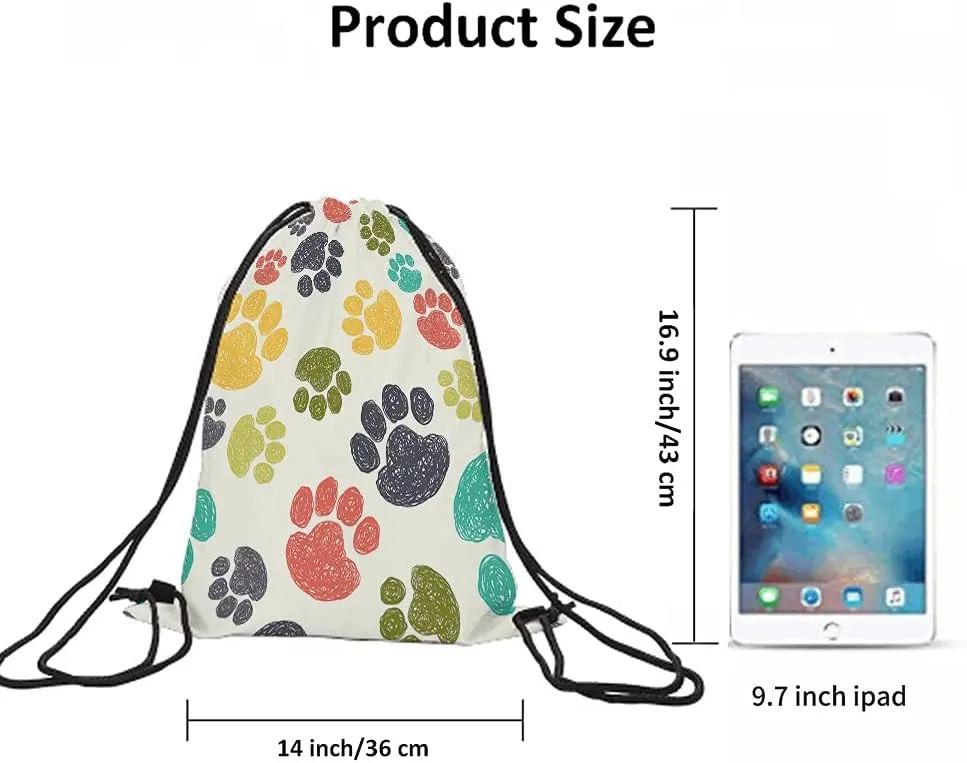 Paw Pattern Drawstring Bags Backpack Bag Cute Colorful Hand Drawn Doodle Prints Pet Puppy Footprint Drawing Sport Gym Sack Drawstring Bag String Bag Yoga Bag for Men Women