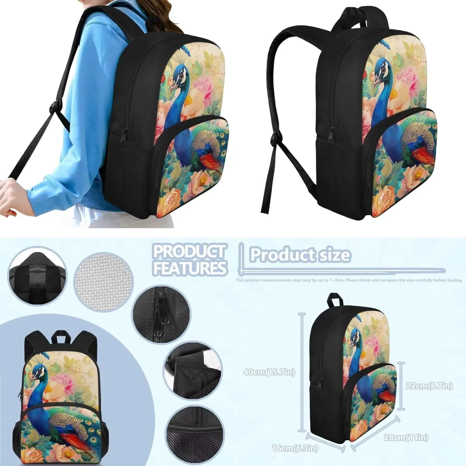 Peacocks Print Kids Backpack for Girls 10-15 Years Old Large Capacity Kids Messenger Bag with Lunch Bag Fashion Lightweight Book Bag Set for Secondary Schools