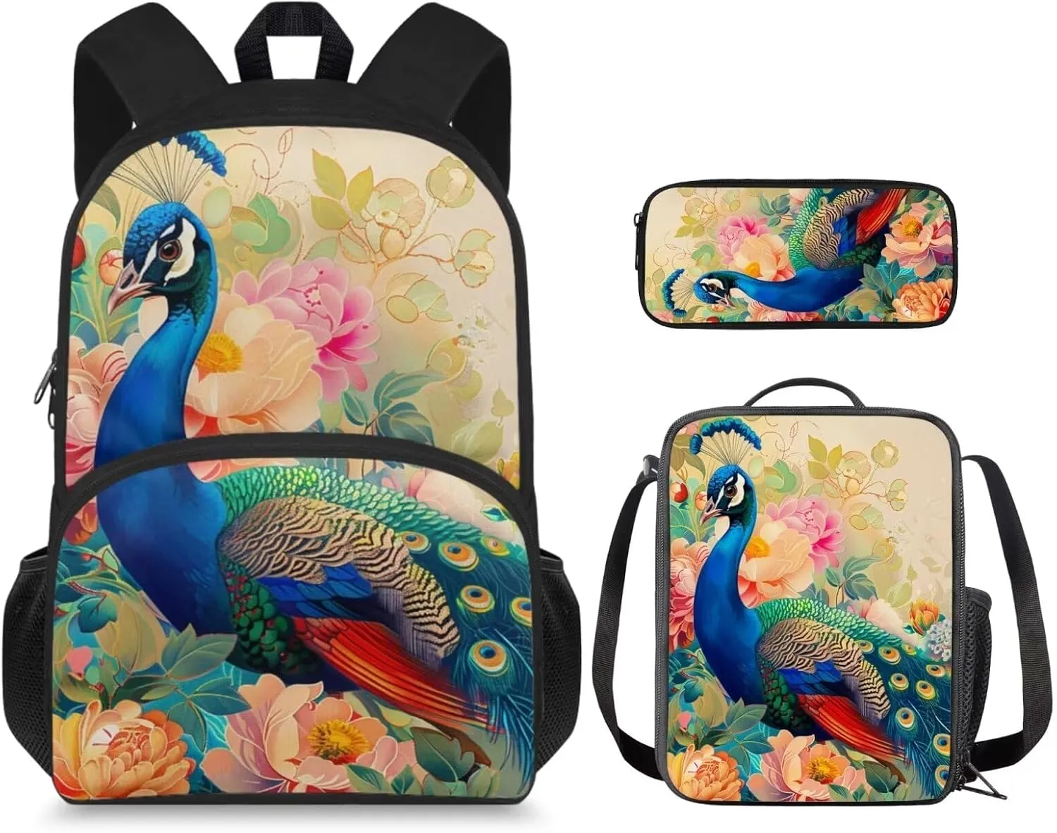 Peacocks Print Kids Backpack for Girls 10-15 Years Old Large Capacity Kids Messenger Bag with Lunch Bag Fashion Lightweight Book Bag Set for Secondary Schools
