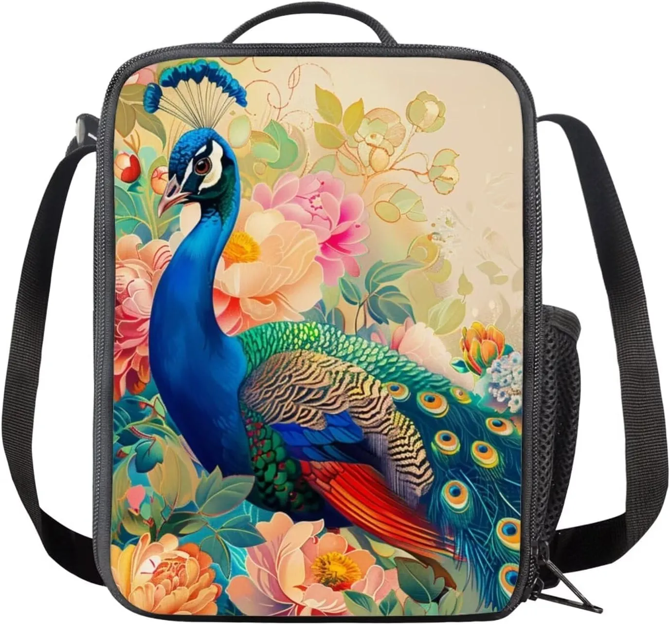 Peacocks Print Kids Backpack for Girls 10-15 Years Old Large Capacity Kids Messenger Bag with Lunch Bag Fashion Lightweight Book Bag Set for Secondary Schools