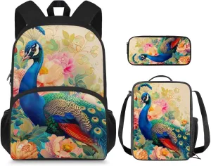 Peacocks Print Kids Backpack for Girls 10-15 Years Old Large Capacity Kids Messenger Bag with Lunch Bag Fashion Lightweight Book Bag Set for Secondary Schools