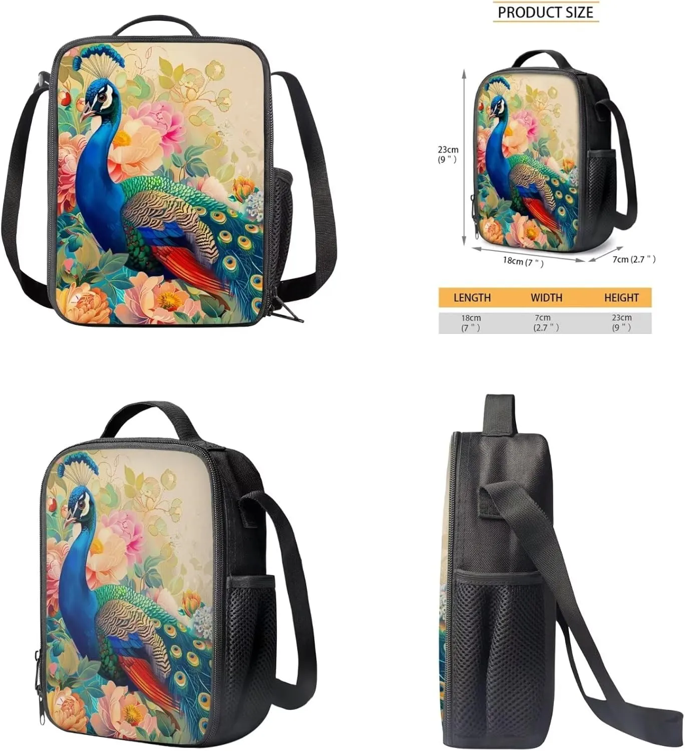Peacocks Print Kids Backpack for Girls 10-15 Years Old Large Capacity Kids Messenger Bag with Lunch Bag Fashion Lightweight Book Bag Set for Secondary Schools