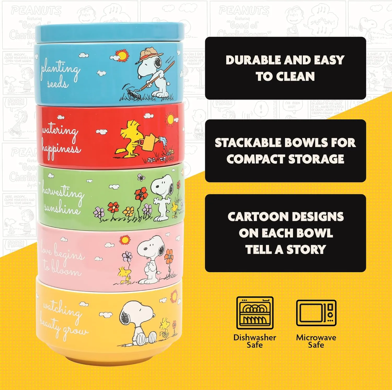 Peanuts Snoopy 6 Pack Stackable 5.5" Decorated Stoneware Bowl Set W/Plate