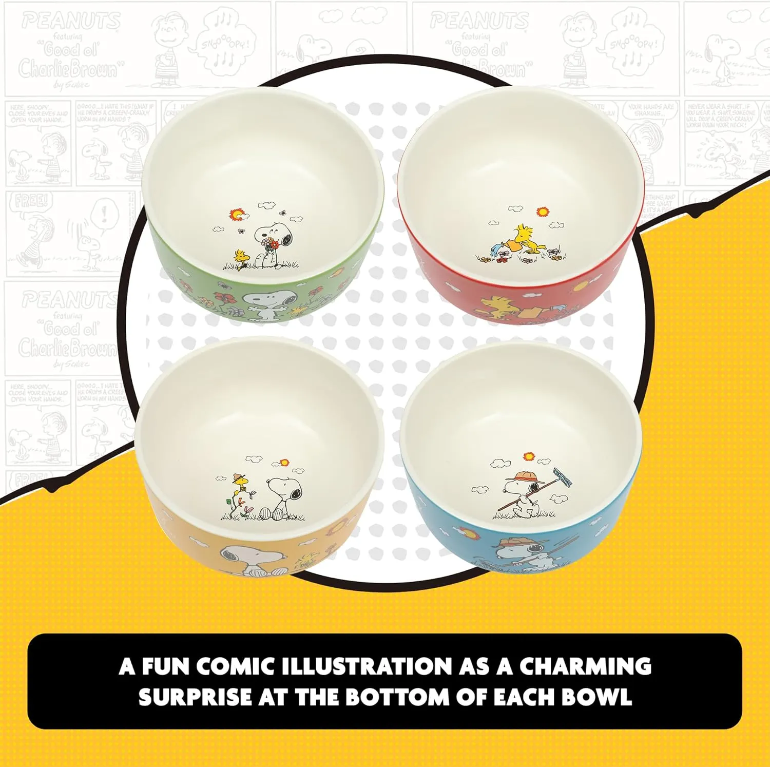 Peanuts Snoopy 6 Pack Stackable 5.5" Decorated Stoneware Bowl Set W/Plate