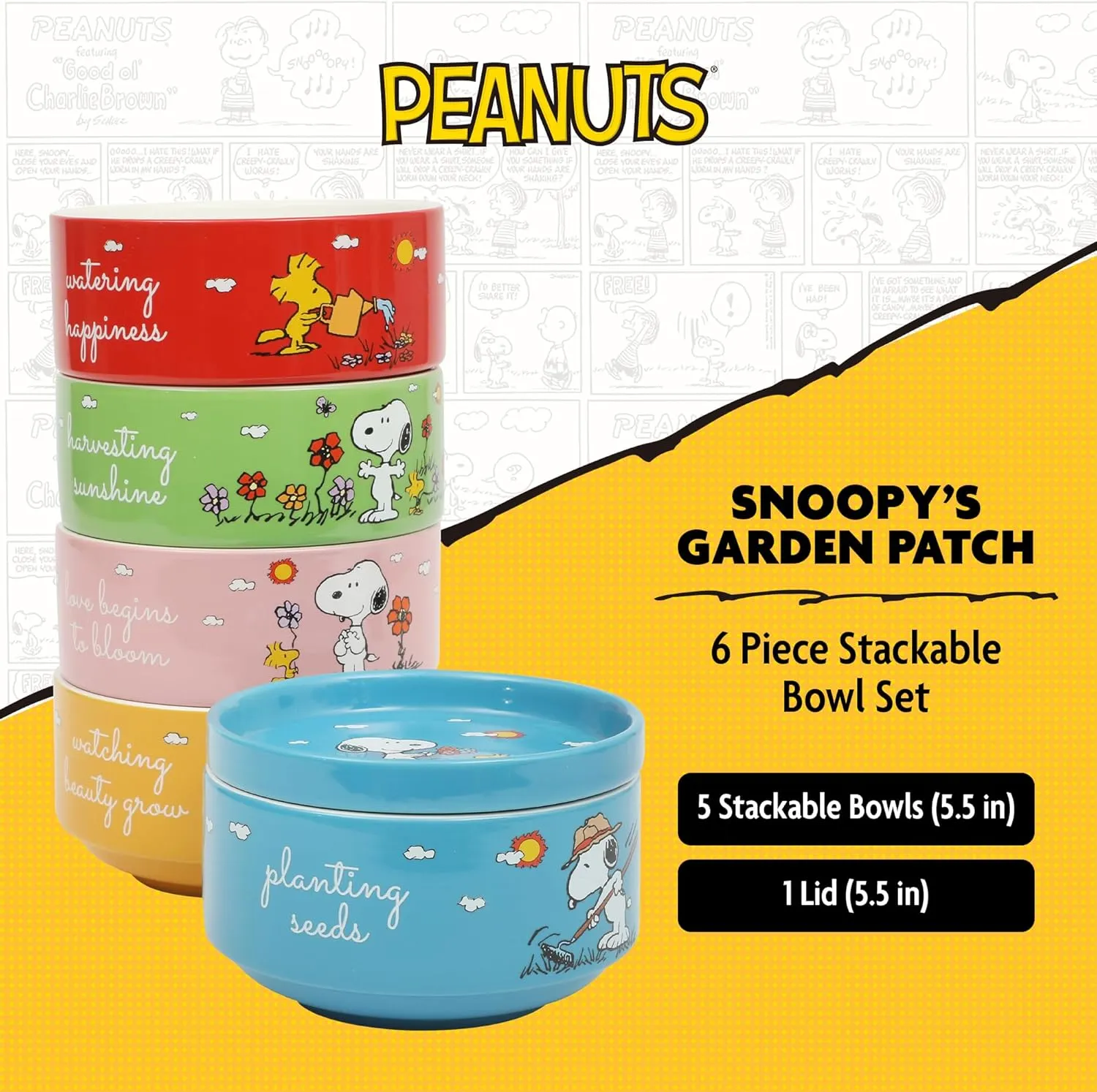 Peanuts Snoopy 6 Pack Stackable 5.5" Decorated Stoneware Bowl Set W/Plate
