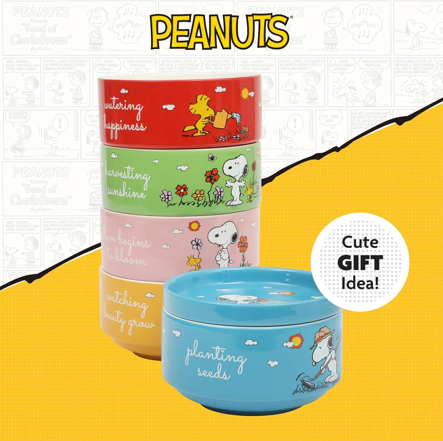 Peanuts Snoopy 6 Pack Stackable 5.5" Decorated Stoneware Bowl Set W/Plate